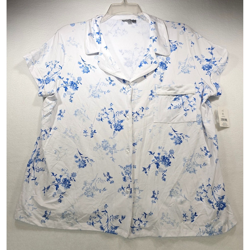 Loft Sleep Womens XXL Blue Floral Button Down Pajama Top Short Sleeve NWT SC1644